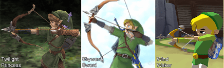 Wii「ゼルダの伝説 スカイウォードソード」（The Legend of Zelda Skyward Sword）、Wii、GC「ゼルダの伝説 トワイライトプリンセス」、GC「ゼルダの伝説 風のタクト」の３つの比較
